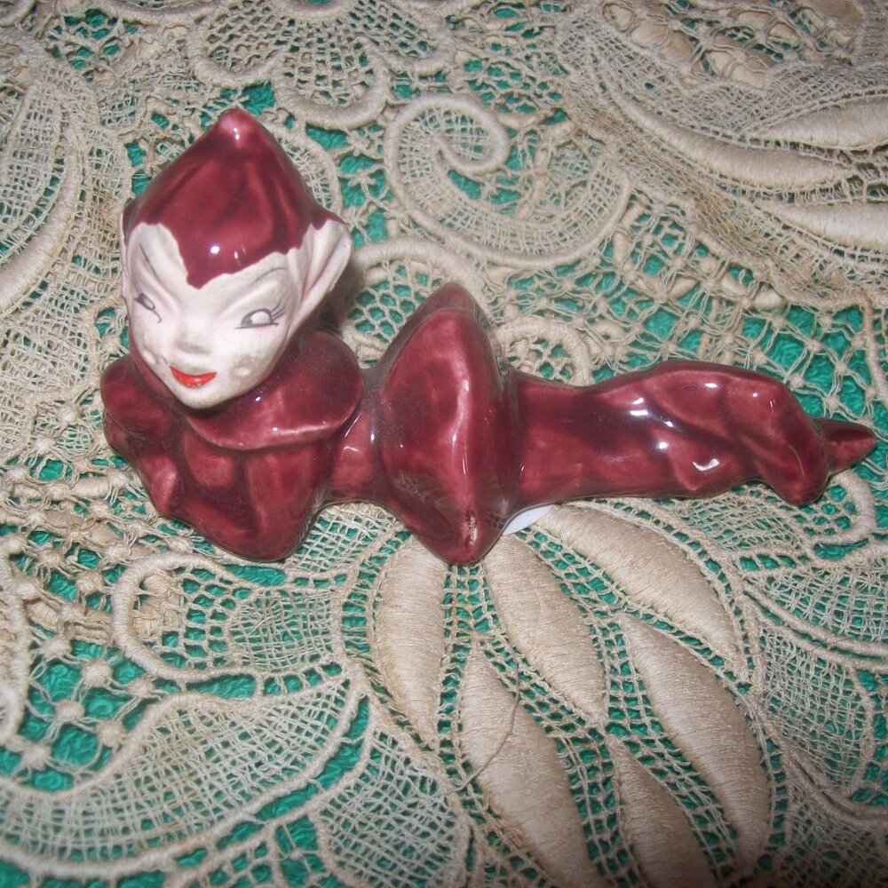 Vintage Ceramic Pixie Elf-Reclining Figurine- Maroon